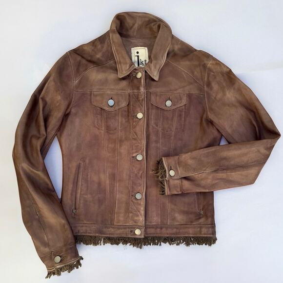 Jakett Alexa Jacket Washable Genuine Leather Fringe Patina Crop JKT NYC Brown S - Picture 4 of 9